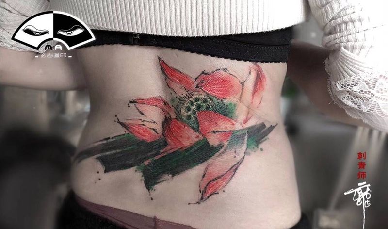 遮盖莲花纹身图片_原创植物鬼神宗教清新传统腰部腹部肩部手臂纹身图案