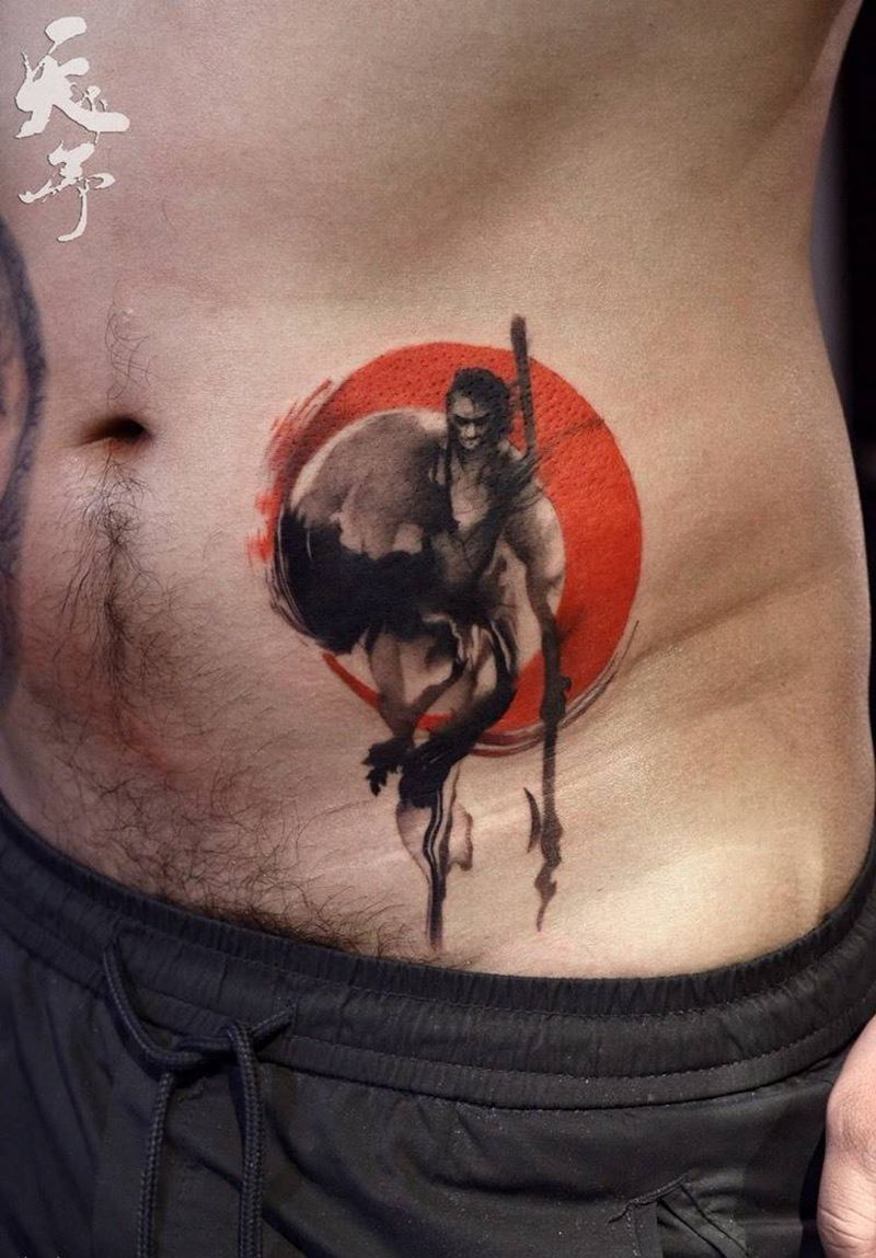 水墨遮盖纹身图片_成品腹部国画习俗人物西安黑灰水墨纹身图案