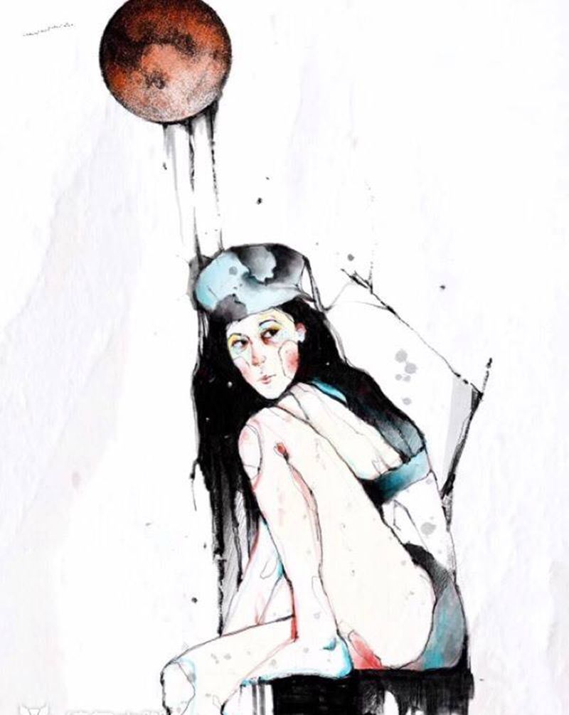 月亮纹身图片_手臂腿部水墨水彩手稿设计纹身图案