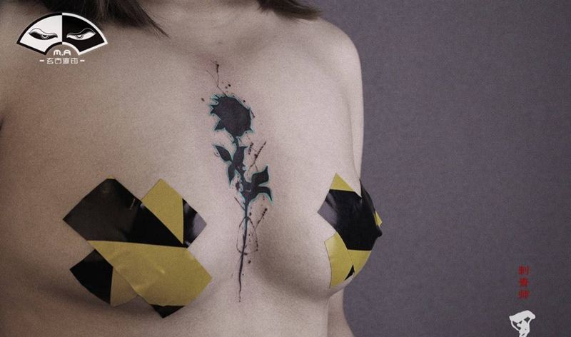 修改作品纹身图片_胸部手臂水墨几何修改遮盖印象纹身图案