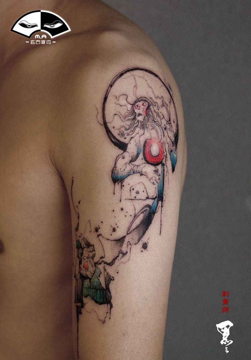 Peace and love纹身图片_手臂腿部水墨新传统孙悟空羊纹身图案