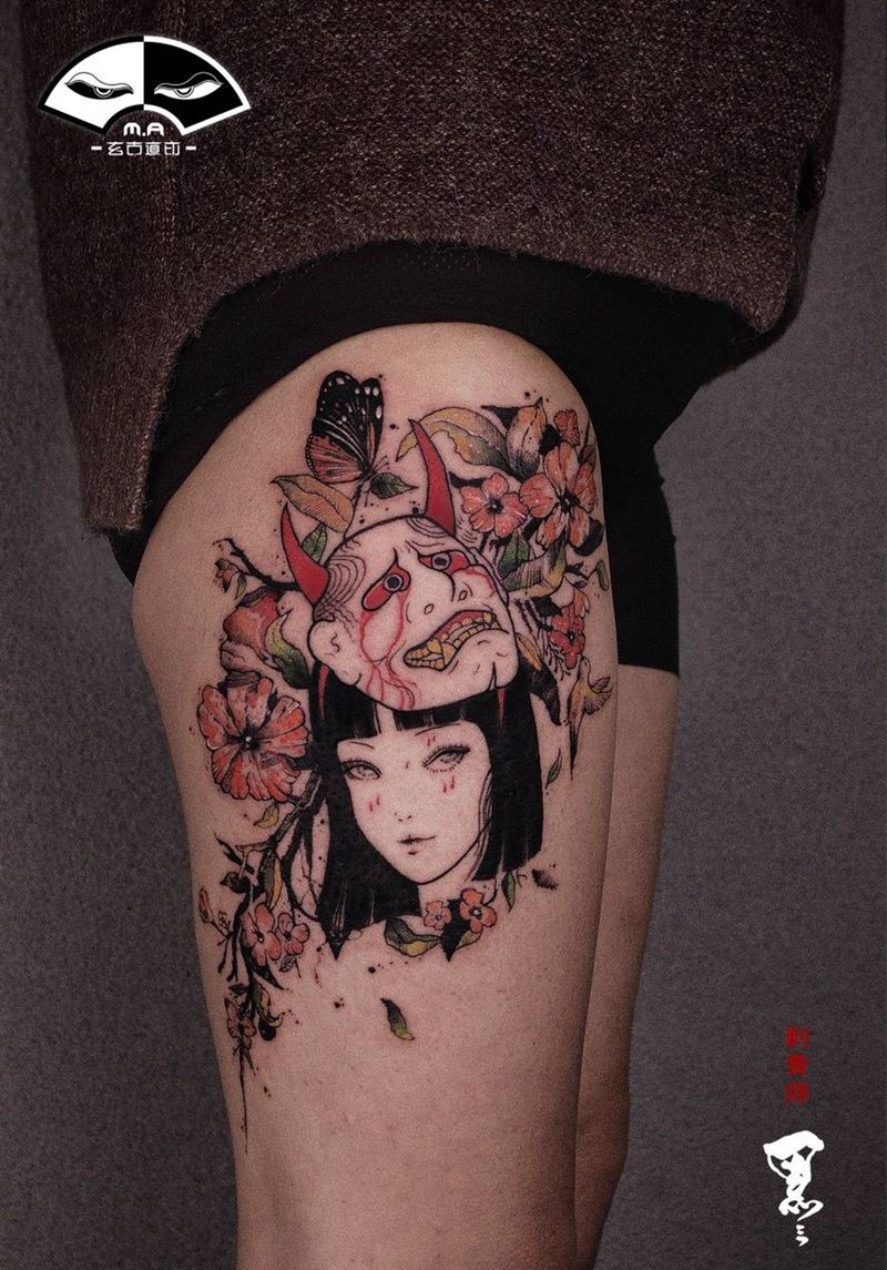 女孩与面具纹身图片_腿部手臂点刺新传统小清新般若艺伎纹身图案