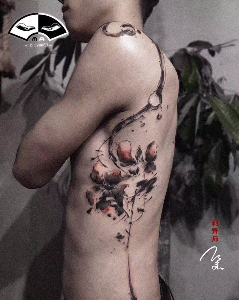 墨染纹身图片_国画传统清新原创植物鬼神手臂腿部成品字符纹身图案