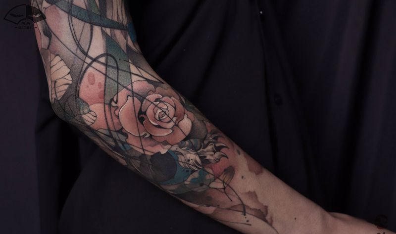 惊蛰纹身图片_手臂水彩花臂纹身图案