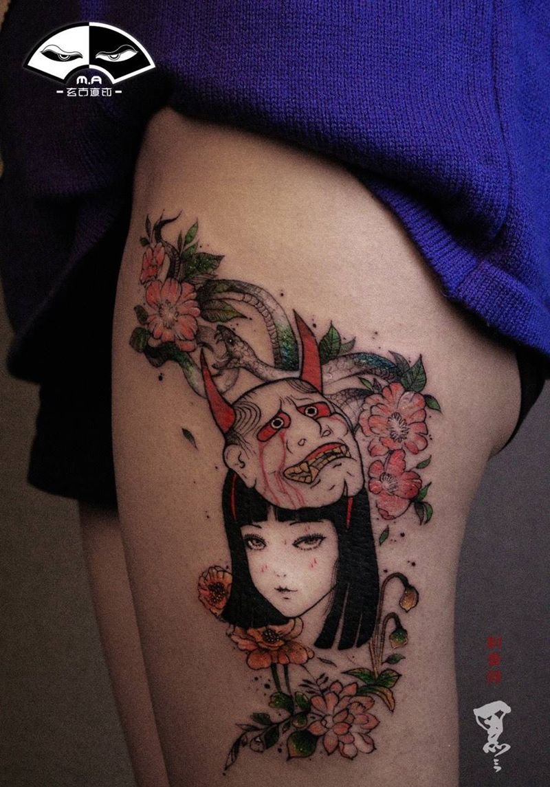 富江姑娘纹身图片_腿部手臂水墨新传统富江小清新情侣纹身图案