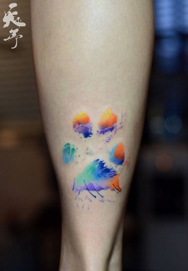 彩色抓印纹身图片_成品脚部腿部欧美清新原创动物水彩西安爪印纹身图案