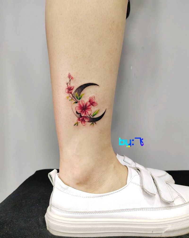 小花纹身图片_腿部水彩纹身图案