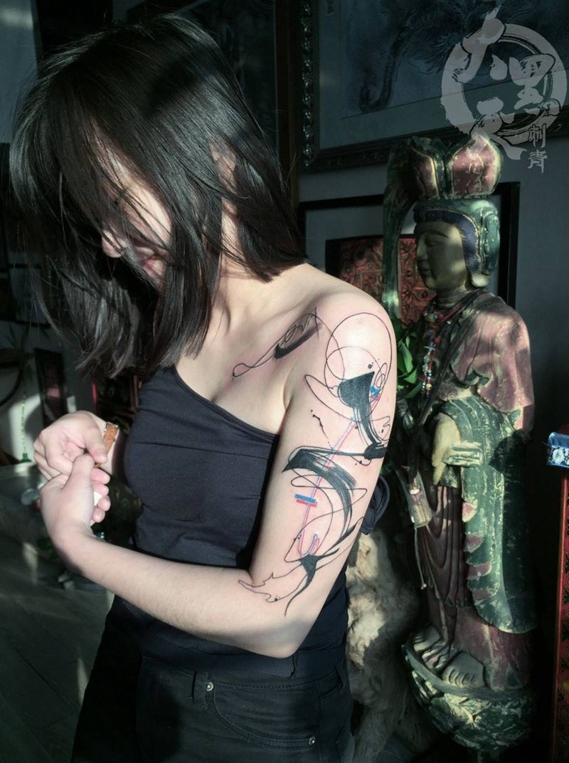 水纹身图片_原创图腾植物几何国画习俗肩部手臂成品纹身图案