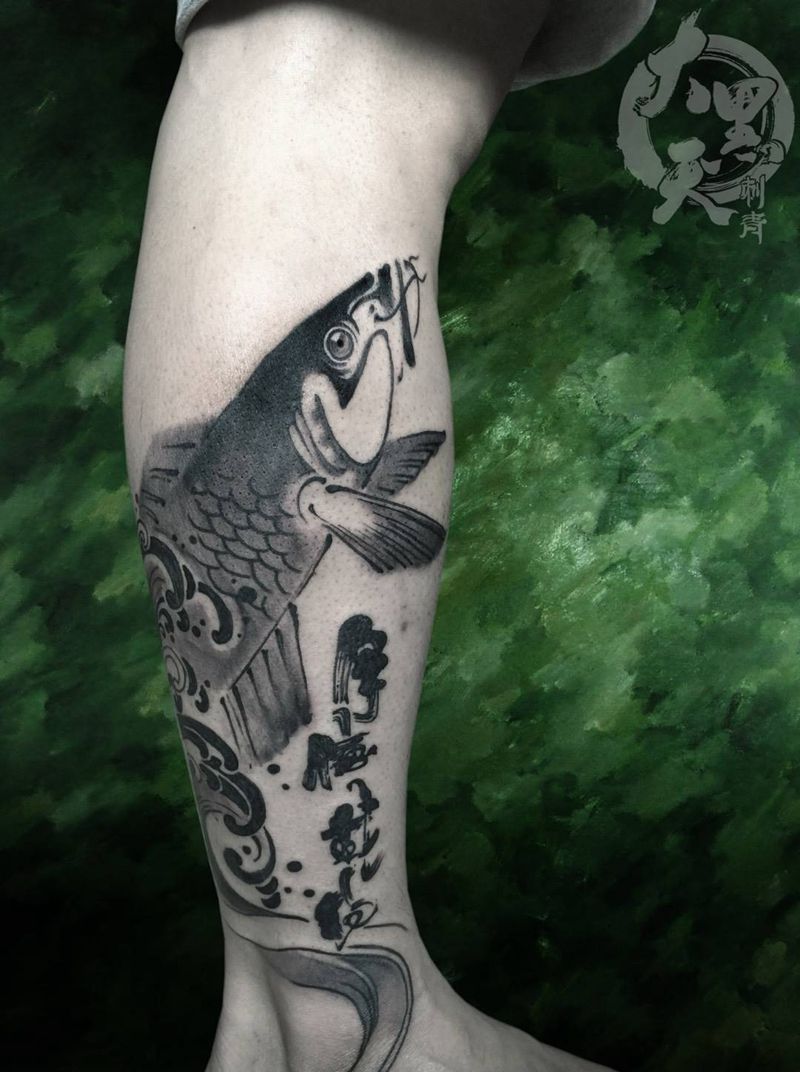 鱼纹身图片_成品脚部腿部国画传统原创动物纹身图案