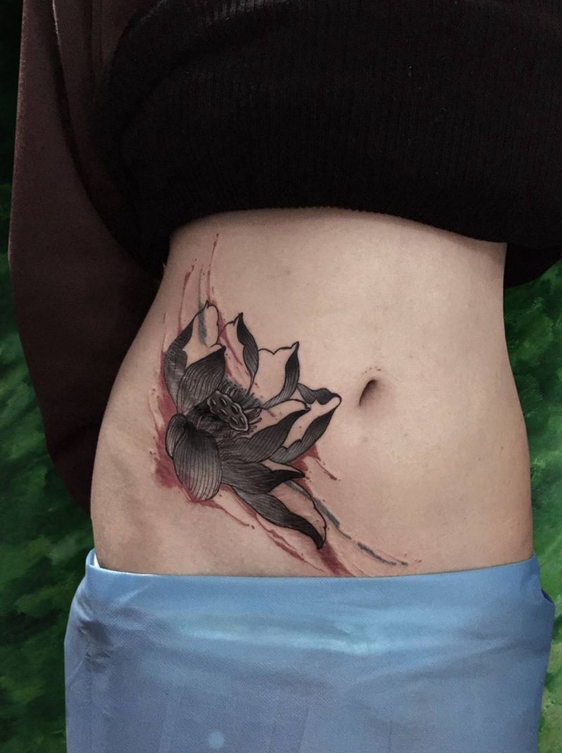 覆盖伤疤纹身图片_原创植物国画传统成品腹部腰部纹身图案