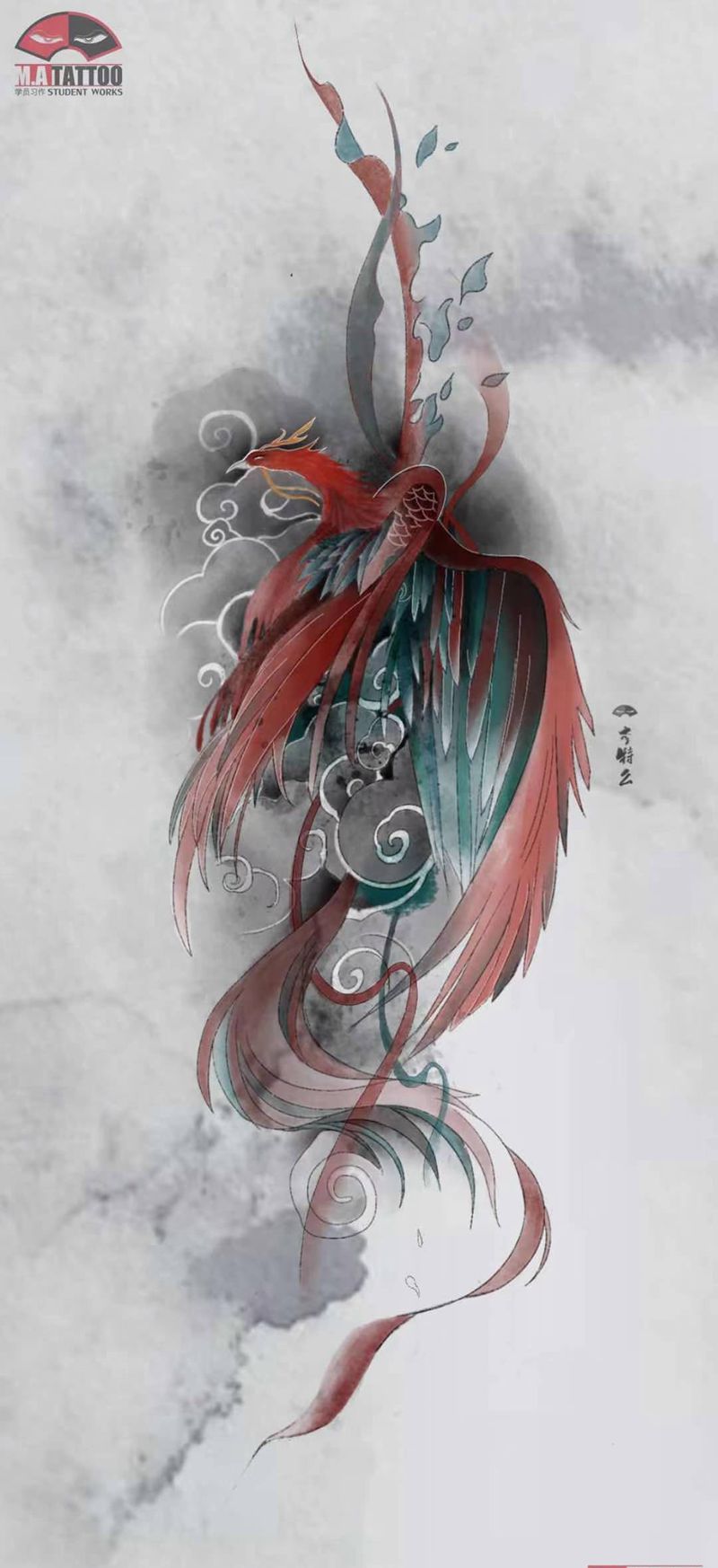凤凰纹身图片_腿部水墨水彩纹身图案