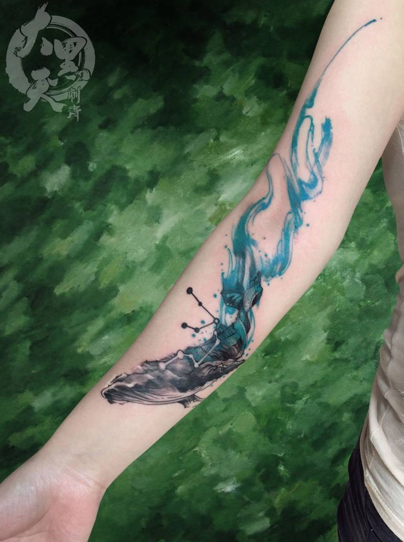 鲸纹身图片_成品颈部手臂手部国画传统写实原创动物插画纹身图案