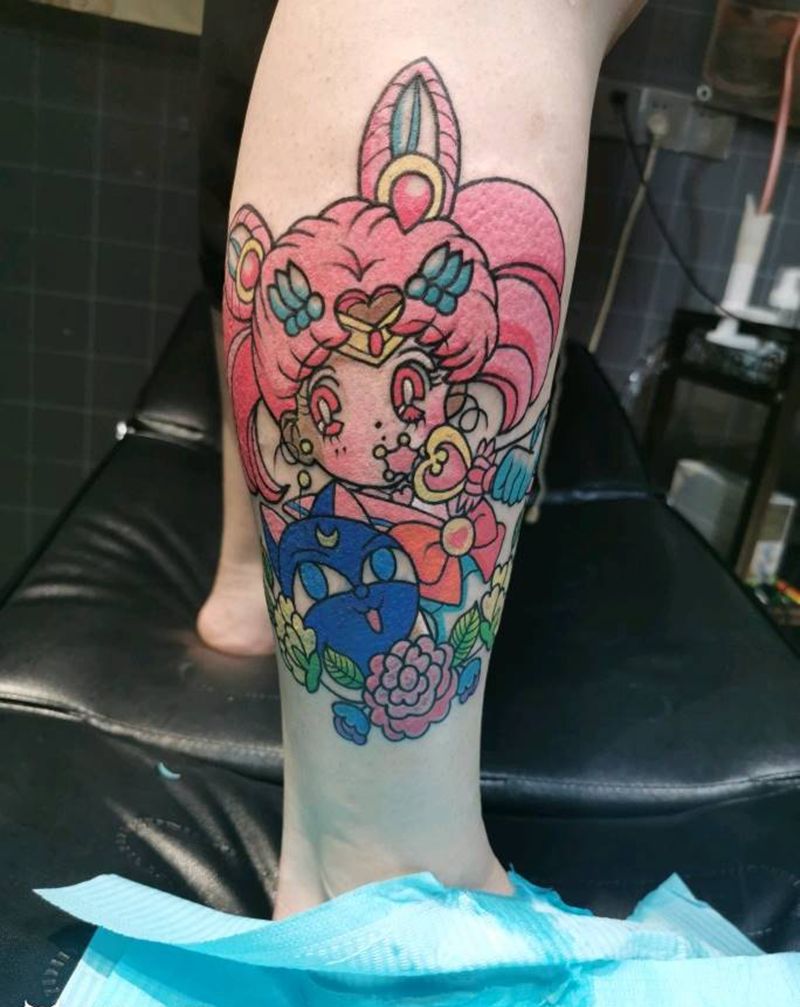 美少女纹身图片_腿部水彩纹身图案