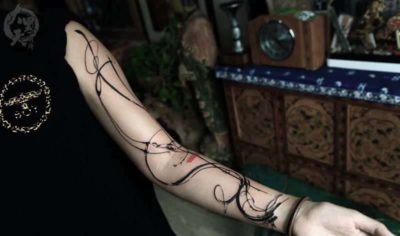 翻滚吧线条～纹身图片_成品手臂手部国画传统原创图腾植物静物纹身图案