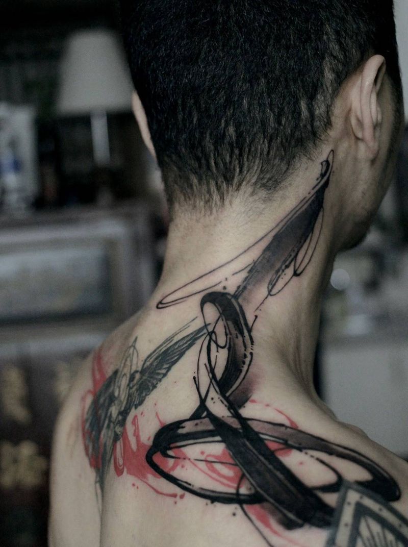 线纹身图片_颈部背部水彩水墨纹身图案