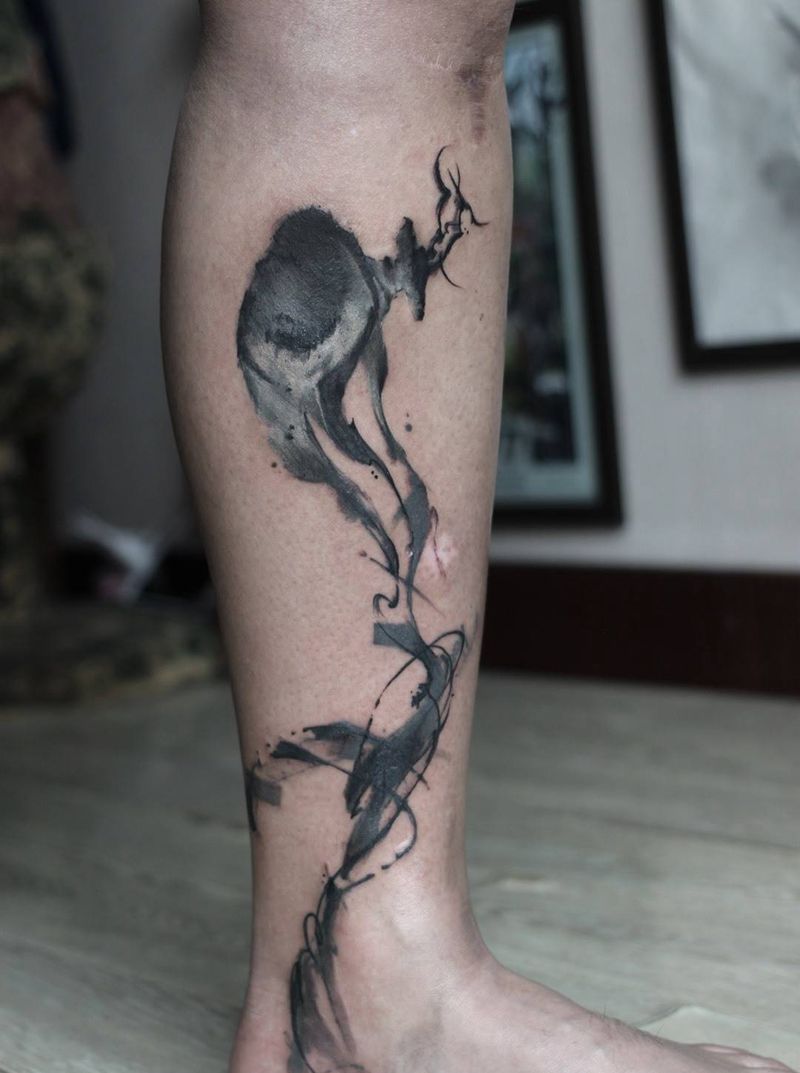 鹿纹身图片_原创动物植物国画习俗清新成品腿部脚部纹身图案