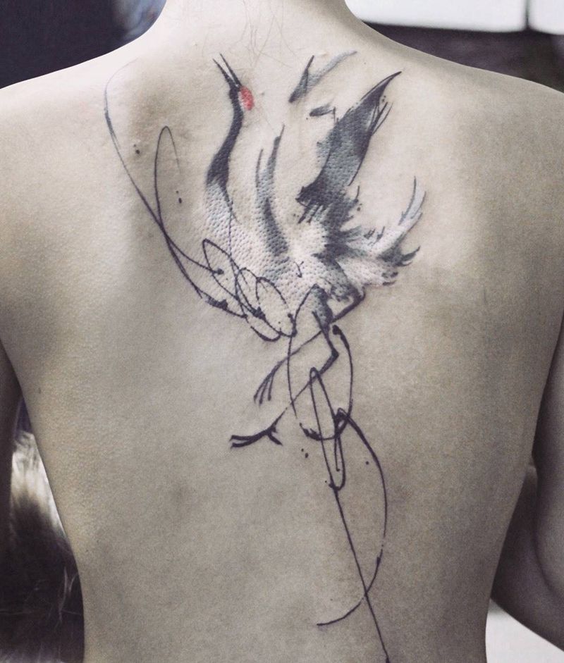 鹤纹身图片_背部腰部水墨水彩纹身图案