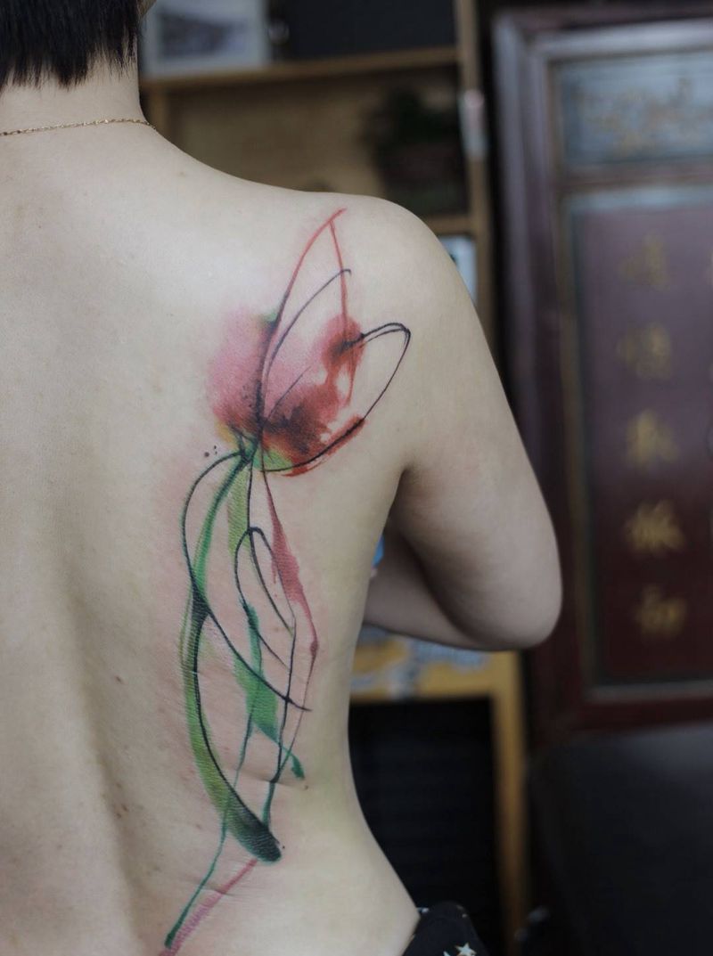 水墨花一朵纹身图片_原创植物国画习俗清新背部腰部成品纹身图案