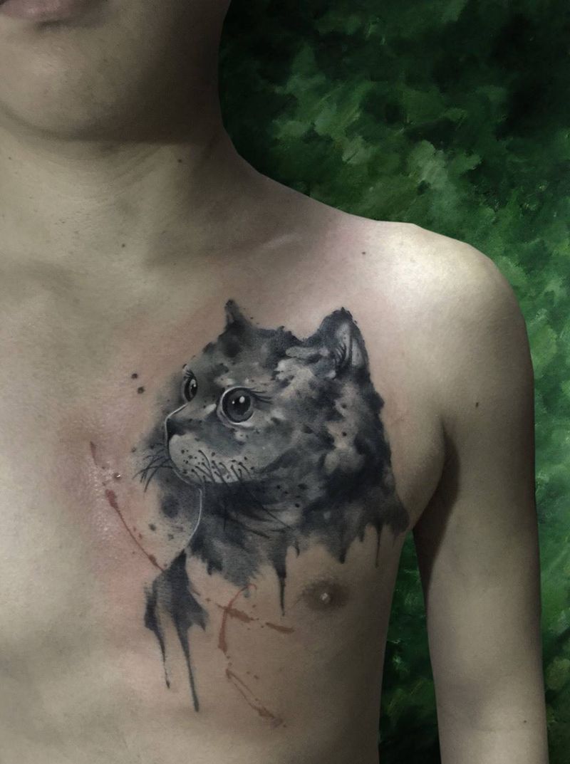 猫纹身图片_原创动物习俗胸部成品清新纹身图案