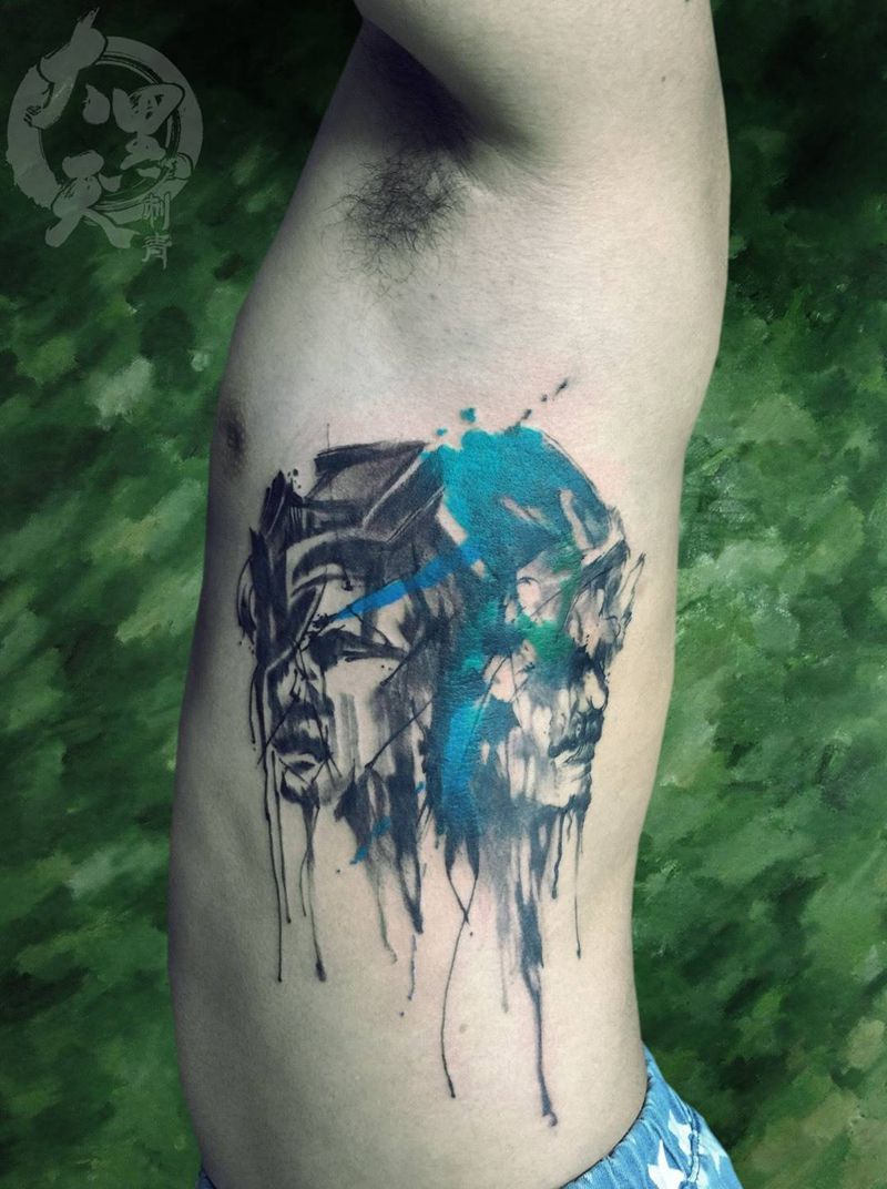 面具纹身图片_原创人物鬼神国画习俗传统腰部腹部成品纹身图案