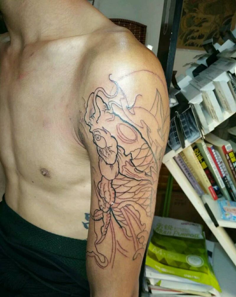 鳌鱼设计加龙爪线条纹身图片