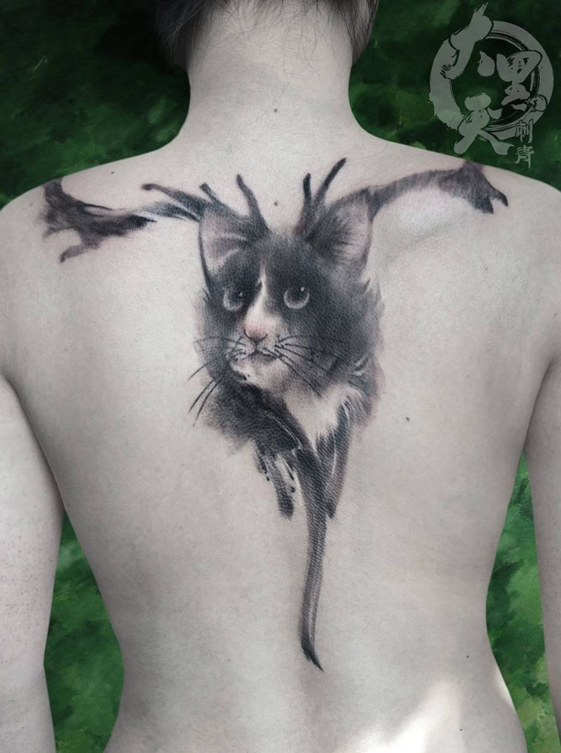 有角的猫~纹身图片_成品肩部背部腰部国画写实传统欧美原创动物纹身图案