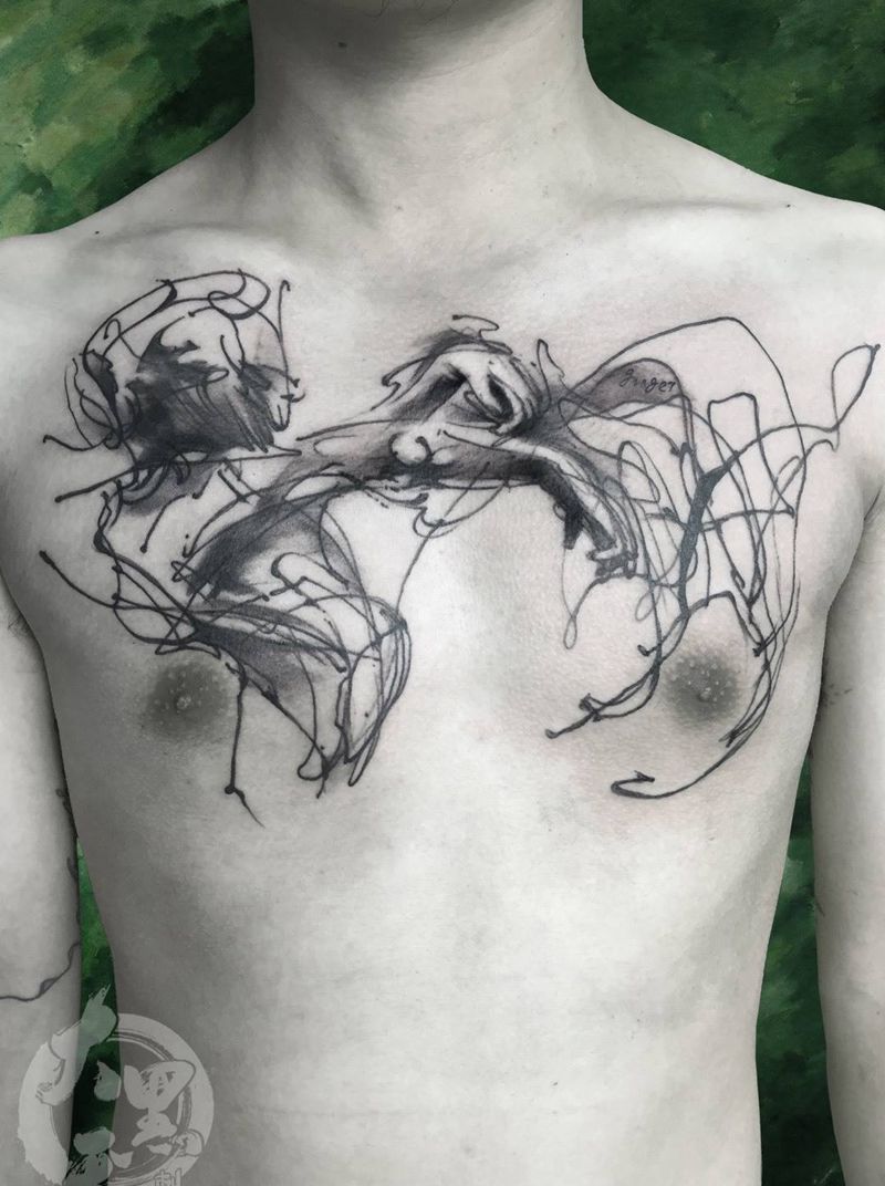 《时间是个假象,人群也是个幻觉》纹身图片_成品胸部欧美国画肖像传统原创鬼神宗教人物纹身图案