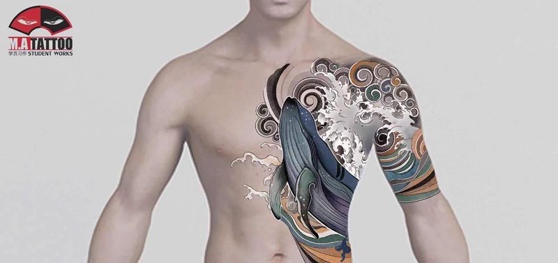 鲸纹身图片_胸部背部水彩水墨纹身图案