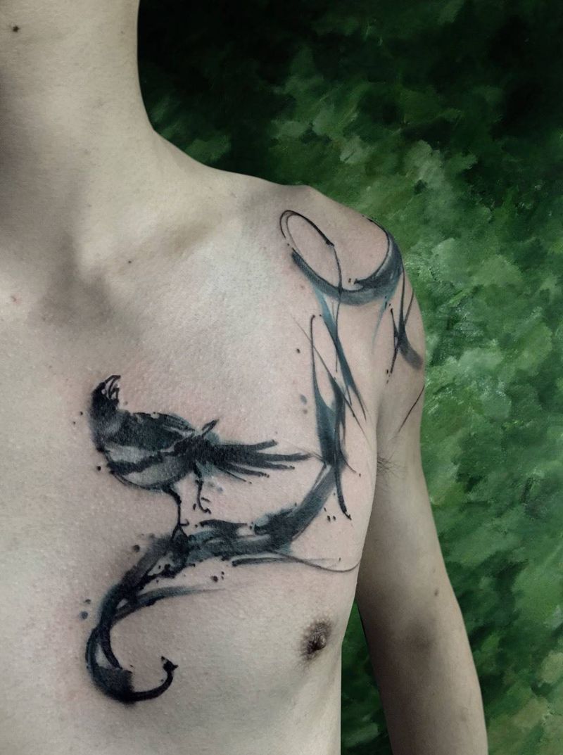 2018第一纹《喜上眉梢》！纹身图片_原创动物植物国画习俗清新胸部成品纹身图案