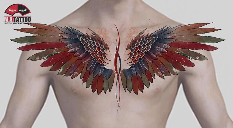 梦里纹身图片_胸部水墨水彩纹身图案