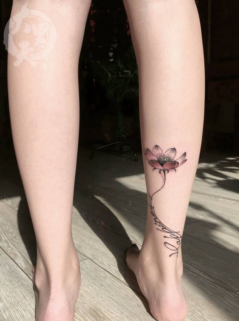 《格桑花》纹身图片_成品脚部腿部国画写实传统原创宗教植物纹身图案