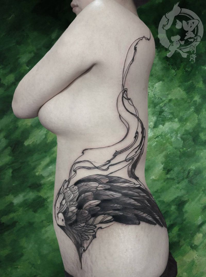 树叶翅膀~纹身图片_成品腰部腹部臀部传统国画习俗图腾植物原创纹身图案