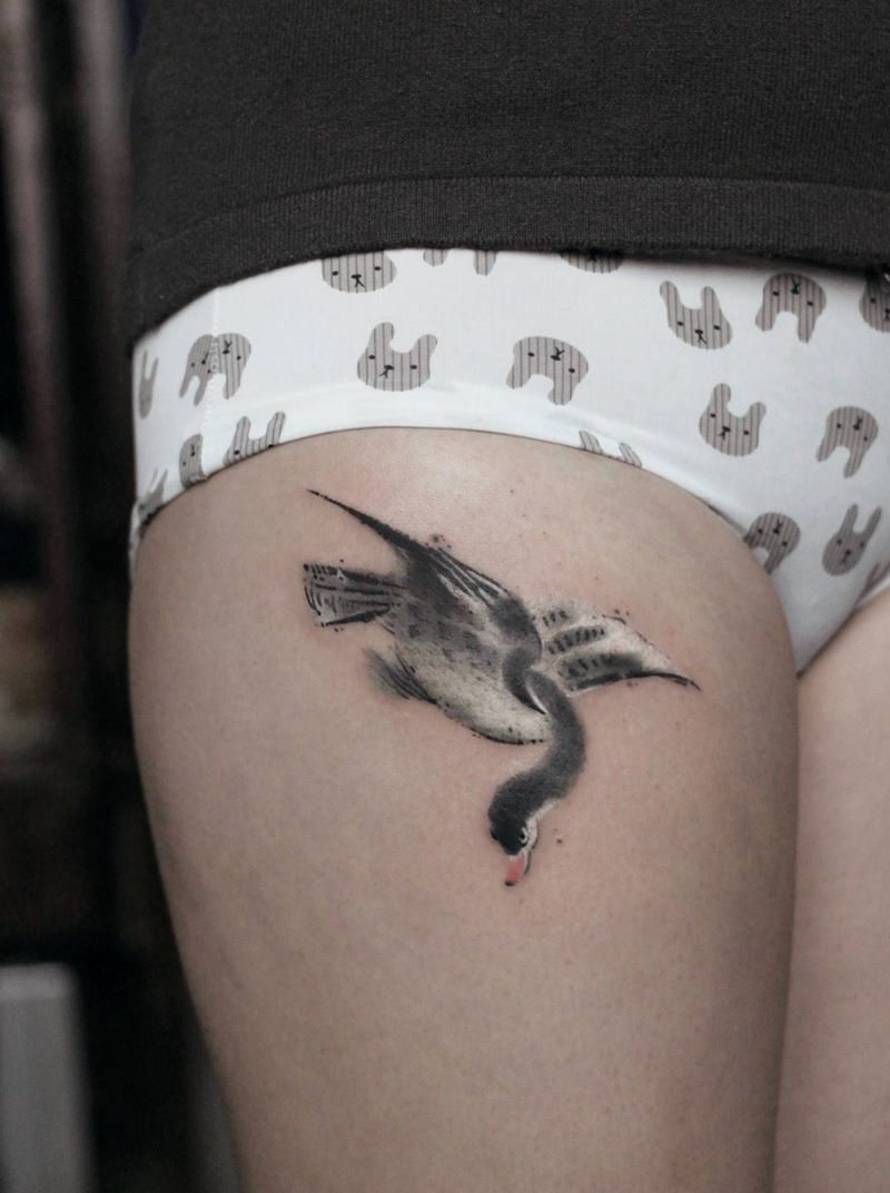 大雁纹身图片_腿部脚部水彩水墨纹身图案