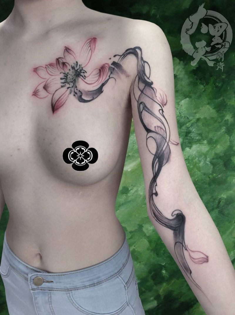 莲花纹身图片_成品胸部手臂肩部国画习俗传统原创植物宗教纹身图案