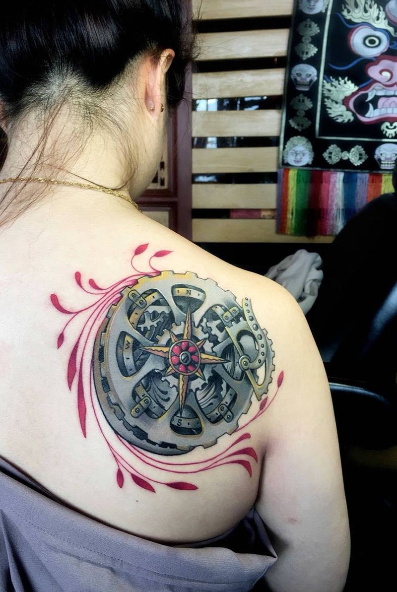 靳凯师傅作品纹身图片_背部肩部New School水彩轮轴原创私人定制纹身图案