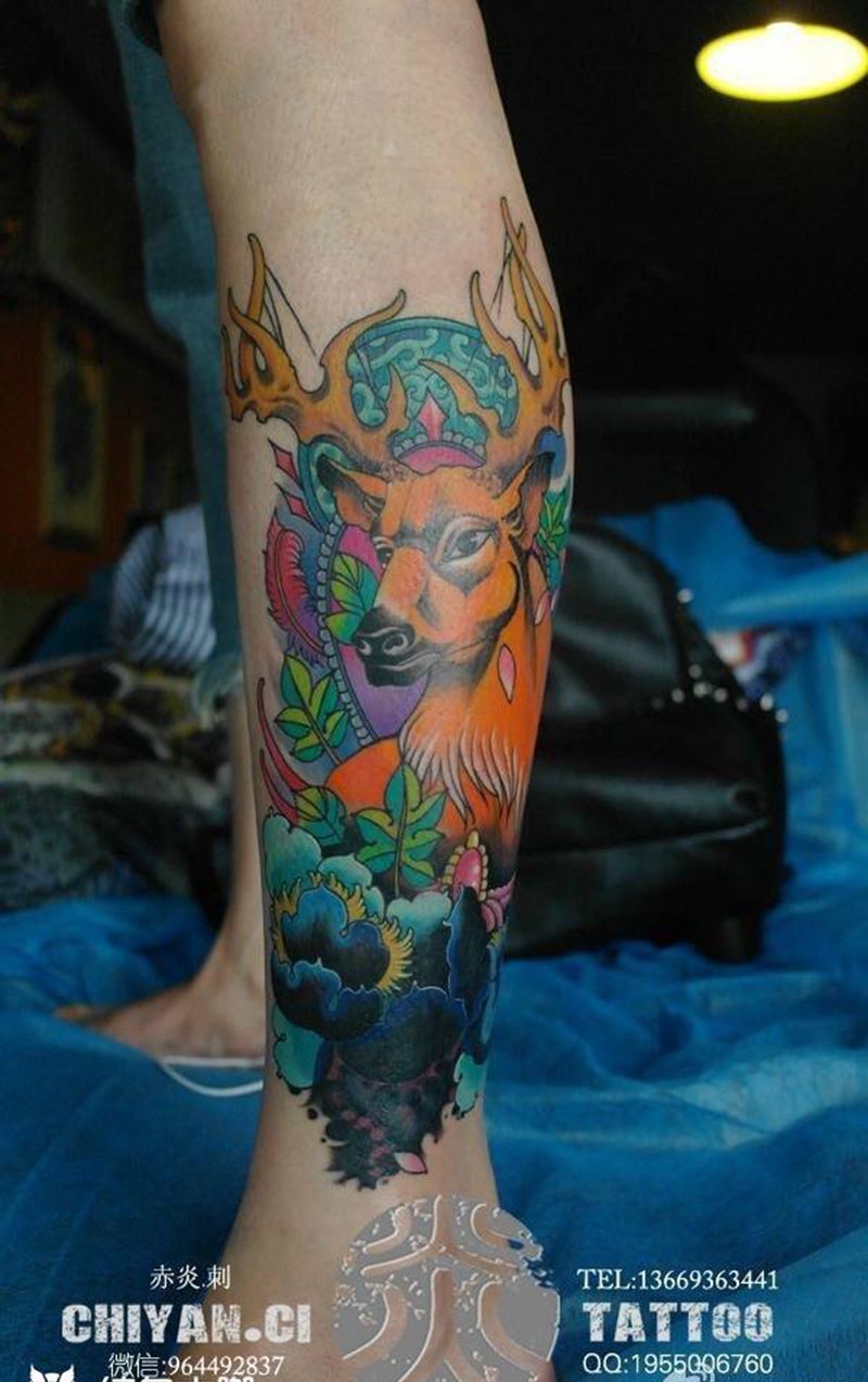 鹿遮盖旧纹身纹身图片_成品手稿原创静物动物欧美清新腿部纹身图案