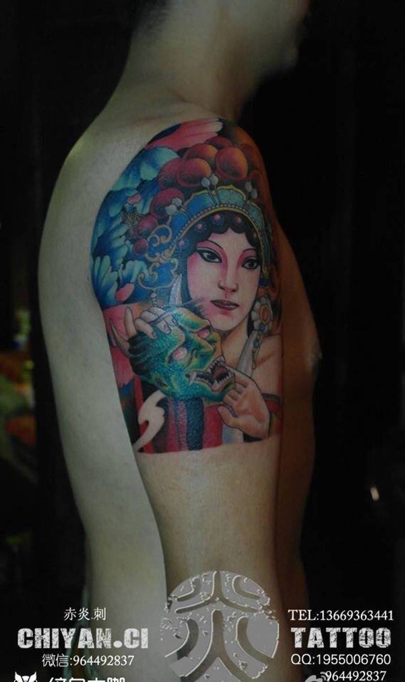 花旦。来自外地的客人纹身图片_成品手臂传统清新肖像国画人物原创纹身图案