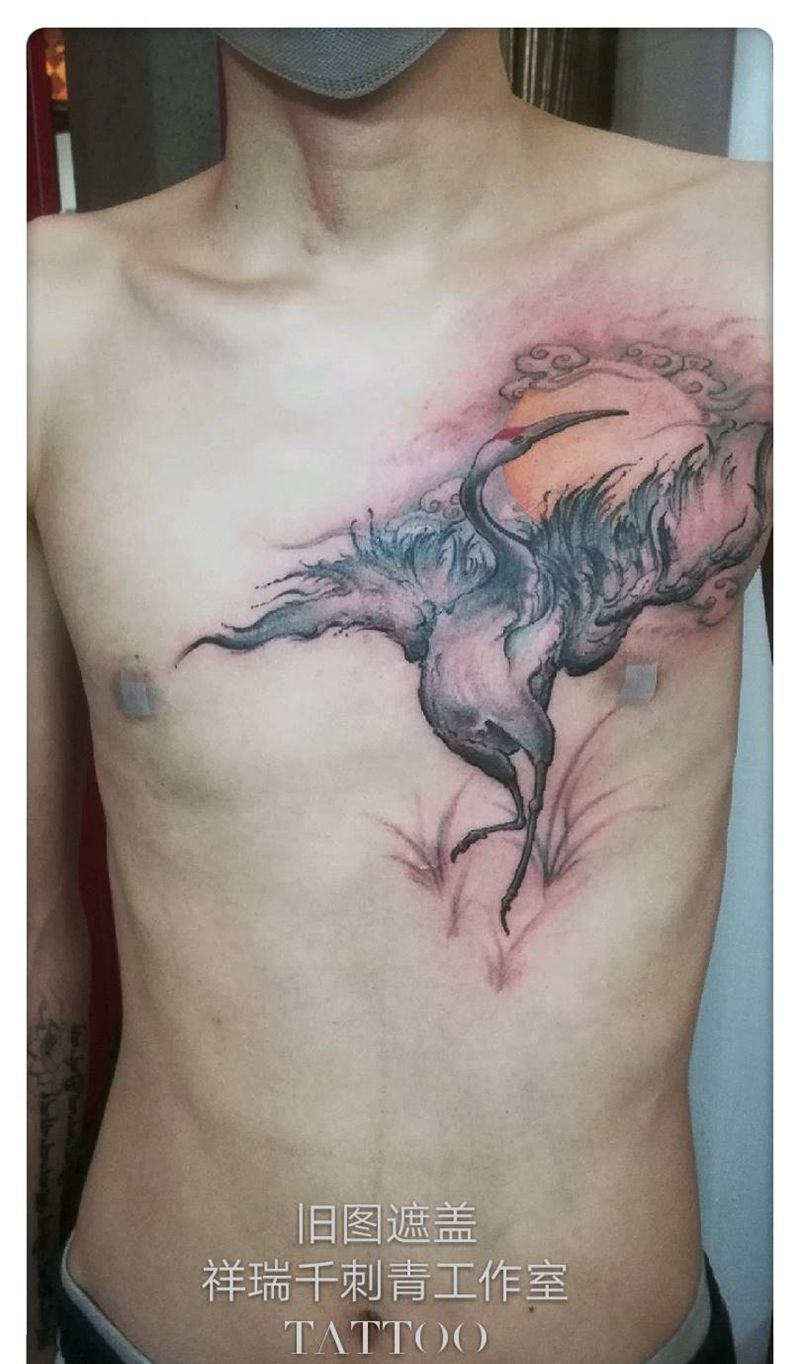 旧图遮盖~《鹤》纹身图片_胸部水墨鹤中国风花胸纹身图案