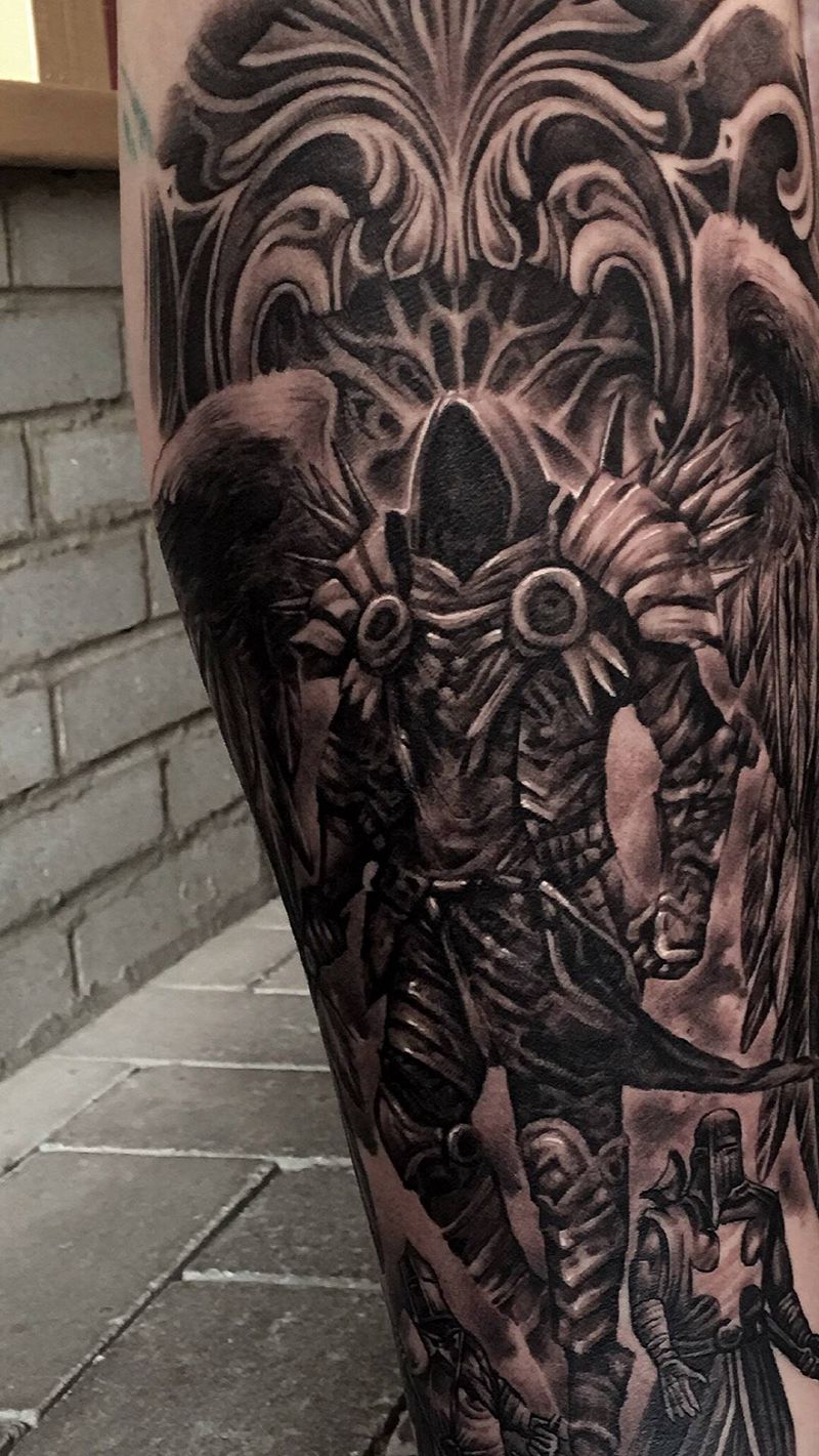 衔接作品。外侧已恢复好纹身图片_脚部腿部欧美写实几何天使预言战士纹身图案