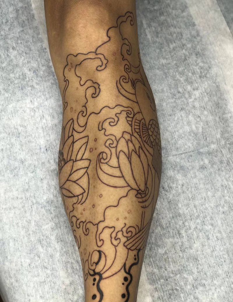 荷花/鱼纹身图片_腿部老传统纹身图案