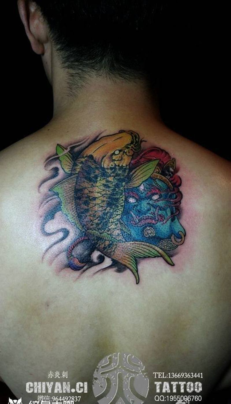 遮盖作品纹身图片_成品传统写实习俗颈部宗教鬼神动物原创纹身图案