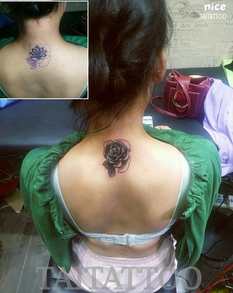 傣刺青三木嘎覆蓋紋身纹身图片_背部颈部Old School纹身图案