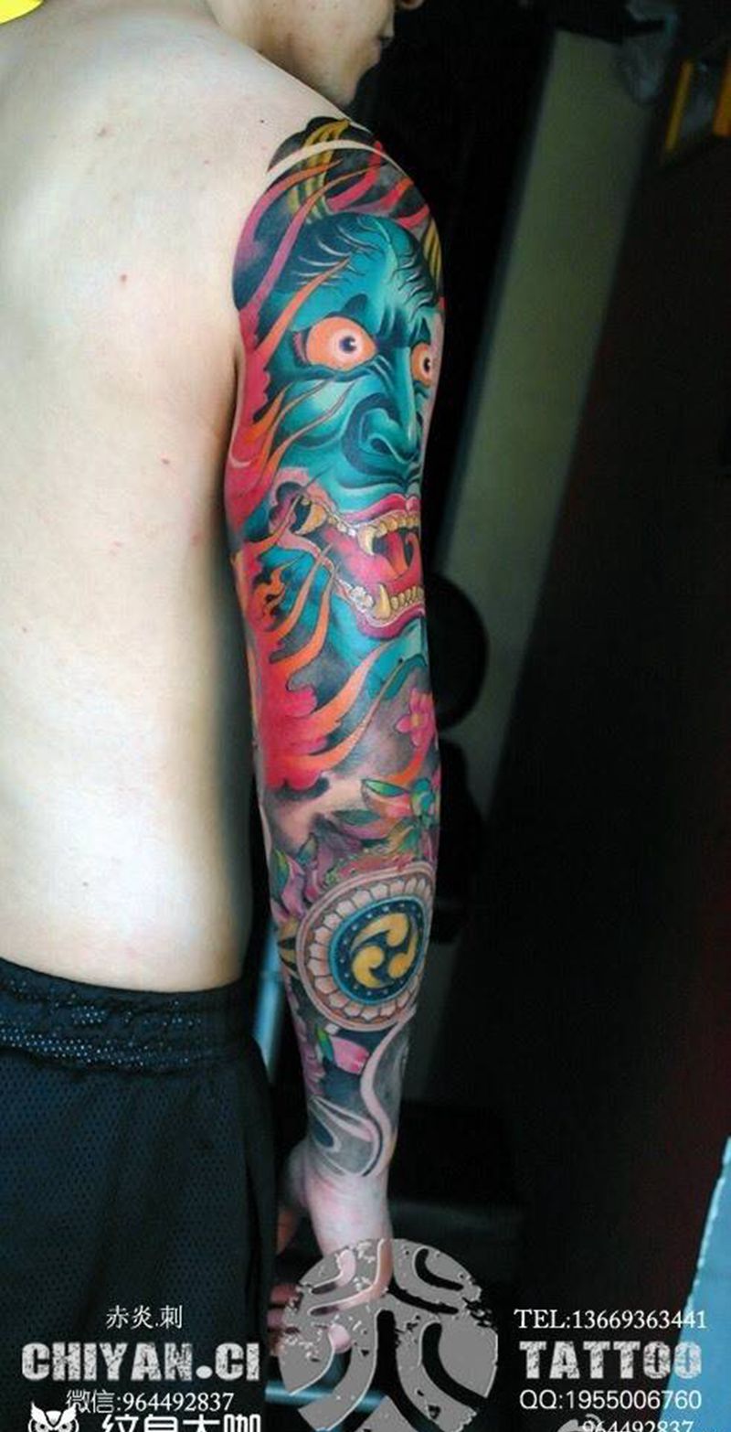 彩色般若花臂纹身图片_成品肩部手臂传统习俗写实静物鬼神宗教原创纹身图案
