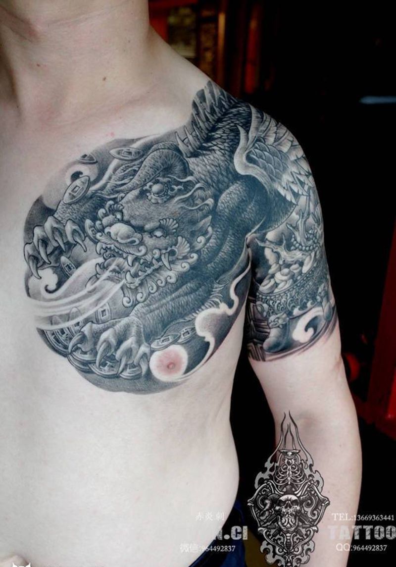 貔貅聚宝盆已恢复，靳凯作品纹身图片_肩部手臂新传统老传统貔貅聚宝盆原创纹身图案