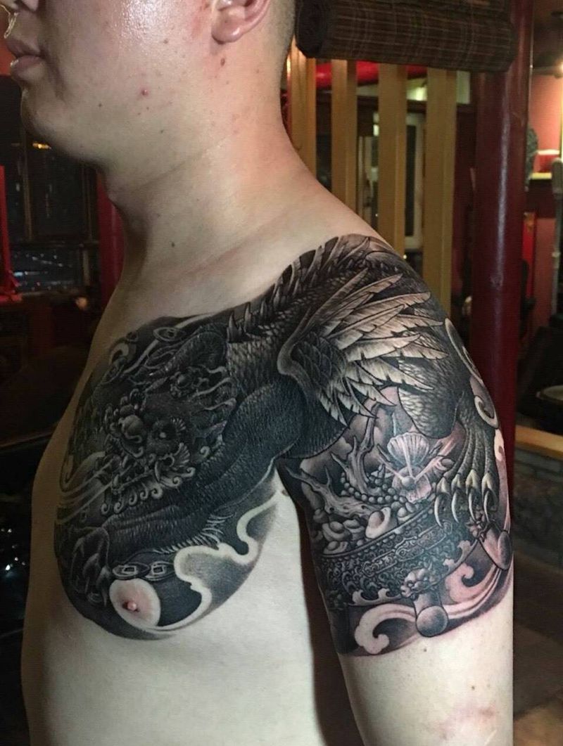 半胛貔貅，靳凯作品纹身图片_肩部手臂新传统老传统貔貅聚宝盆原创纹身图案