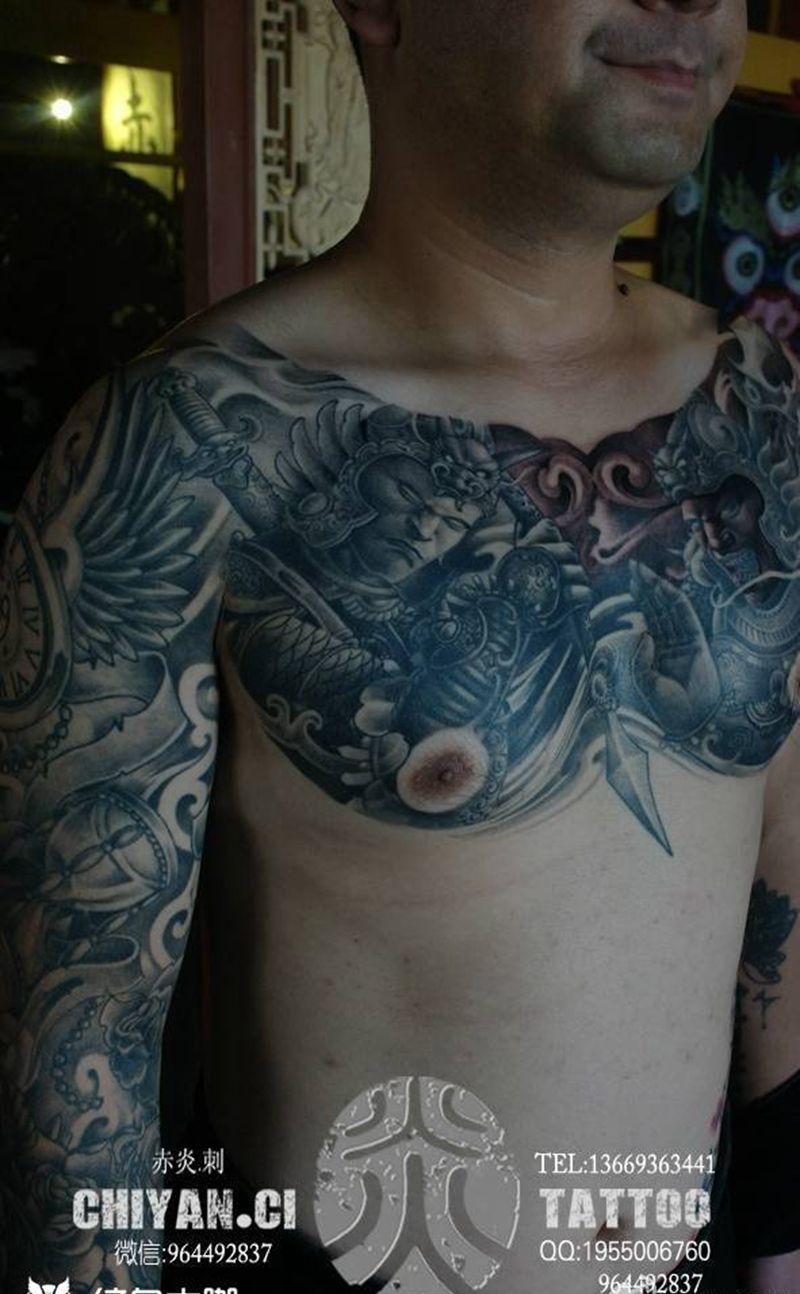 百分之九十已恢复纹身图片_成品传统胸部人物鬼神静物宗教原创写实习俗纹身图案