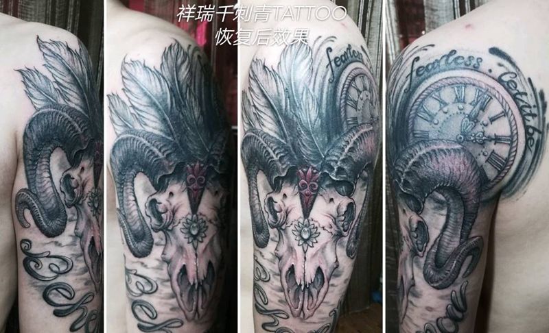 骷髅羊头纹身图片