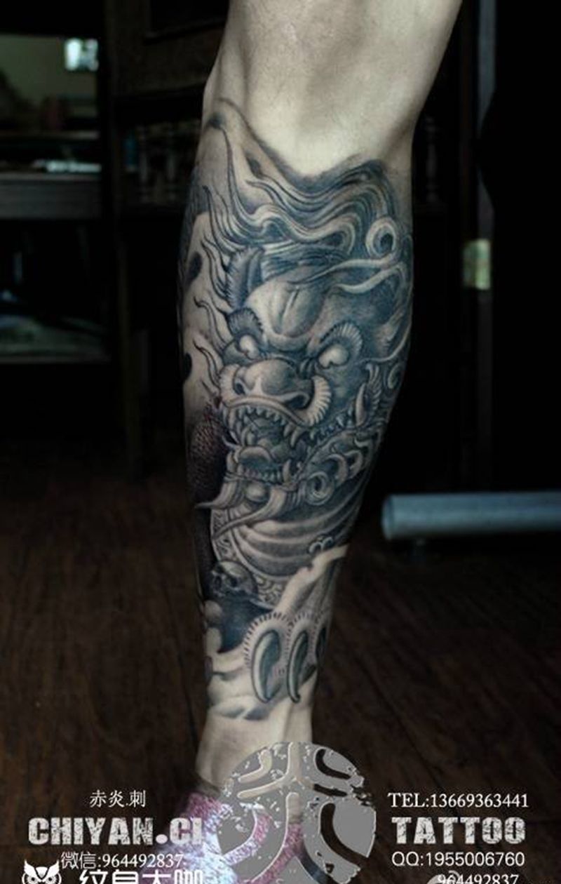 传统包小腿纹身图片_传统写实人物鬼神宗教原创动物成品腿部纹身图案