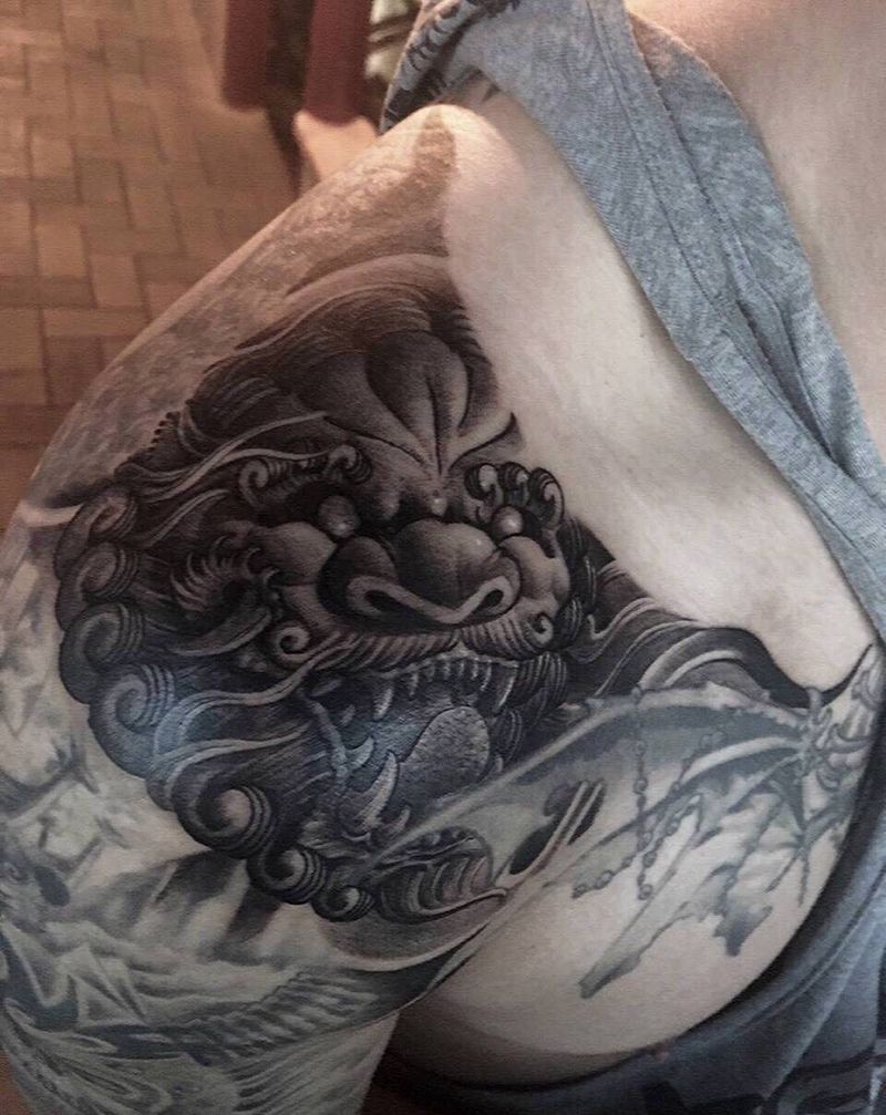 兰州赤炎刺靳凯添加作品纹身图片_成品肩部传统习俗静物原创宗教鬼神纹身图案