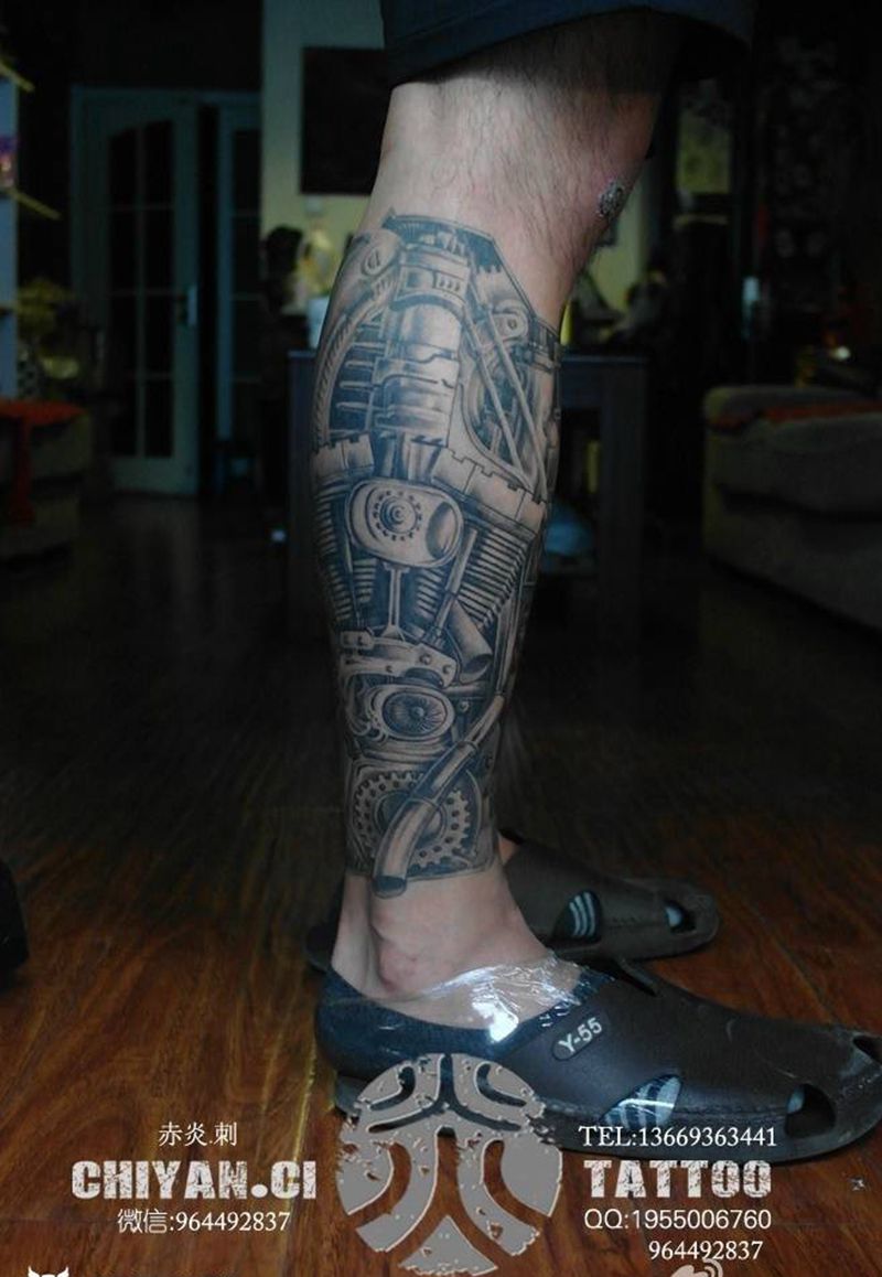 机械包小腿。已恢复纹身图片_成品腿部脚部欧美写实几何静物纹身图案